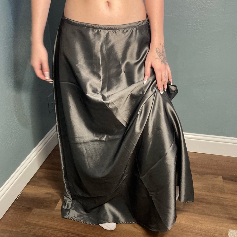 Vintage 90s Metallic Gun Metal Satin Maxi Skirt Goth Grunge